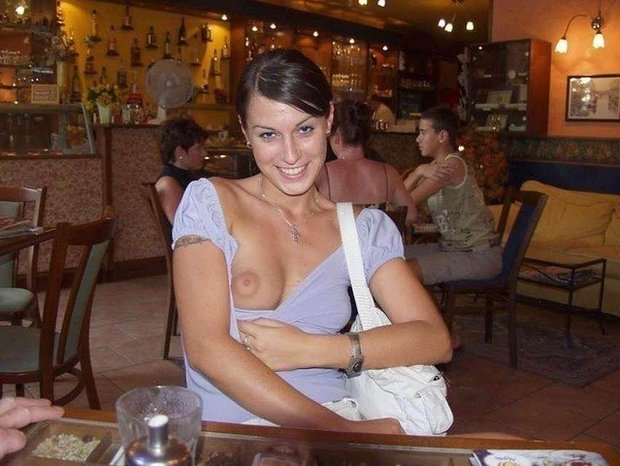 Show her tit in a restaurant; Non Nude 